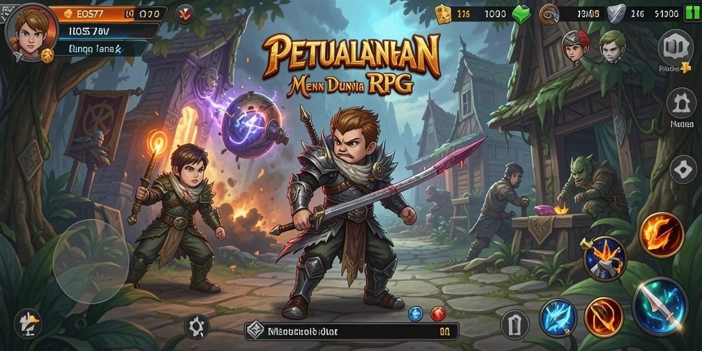 Screenshot utama EOS77 menampilkan aksi seru dalam pertempuran RPG.