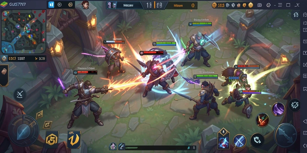 Screenshot utama GUS77 menampilkan aksi seru pertempuran MOBA.