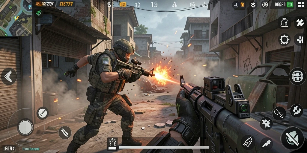Screenshot utama menunjukkan aksi mendebarkan dalam permainan FPS.