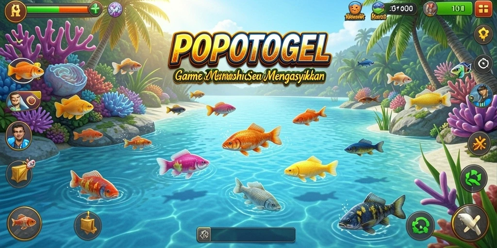 Screenshot utama menampilkan pemain asyik memancing di danau yang indah.
